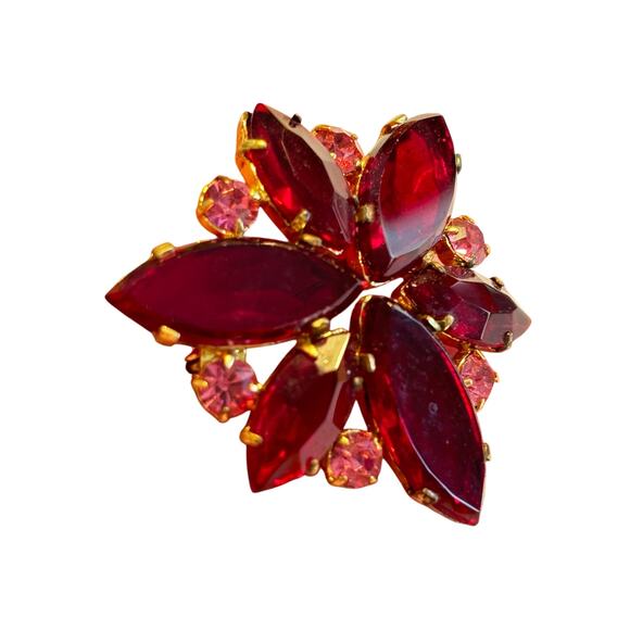 Red & pink rhinestones brooch on goldtone pin flower motif vintage mid century - Picture 6 of 7